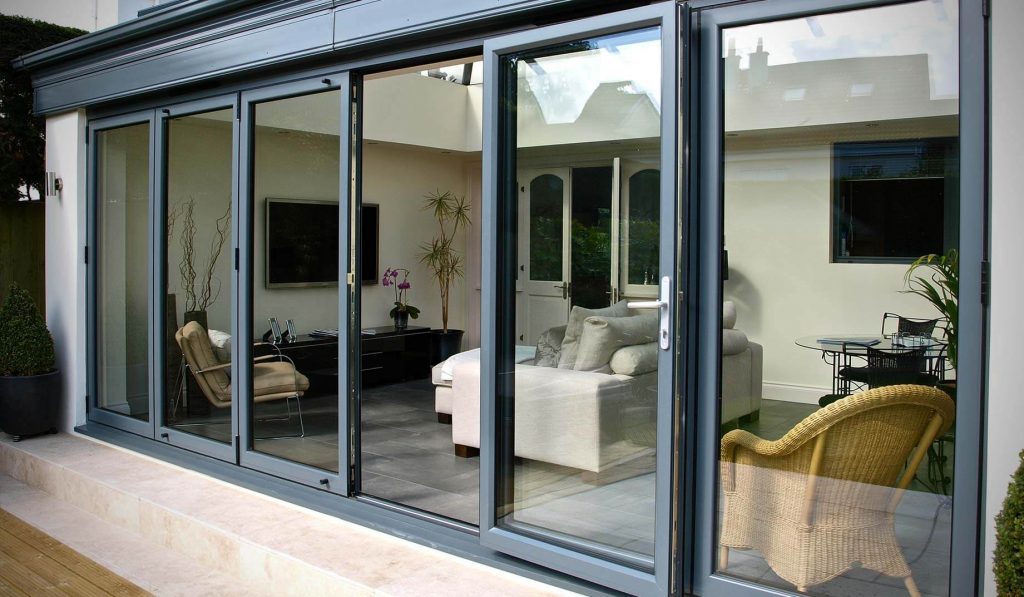 Aluminium bifolding patio door with chrome handles and 6 panels Dorchester