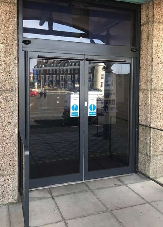 Anthracite grey commercial entrance doors supplied and installed at Weymouth Pavilion.