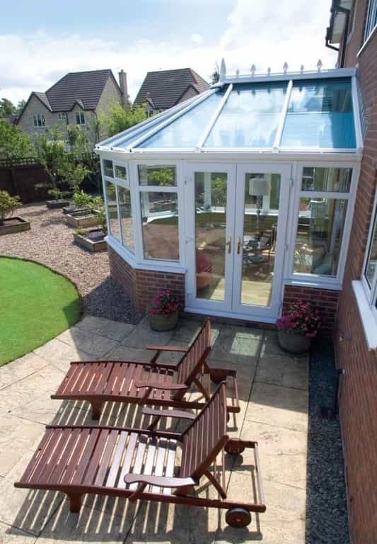 uPVC conservatory with french doors in white Dorchester